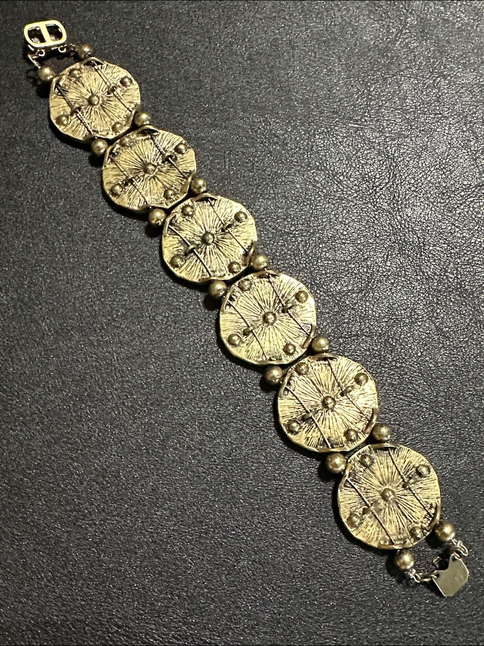 Bronze Tone Medallion Style Multicolored Bead Inlay Bracelet - Picture 8 of 16
